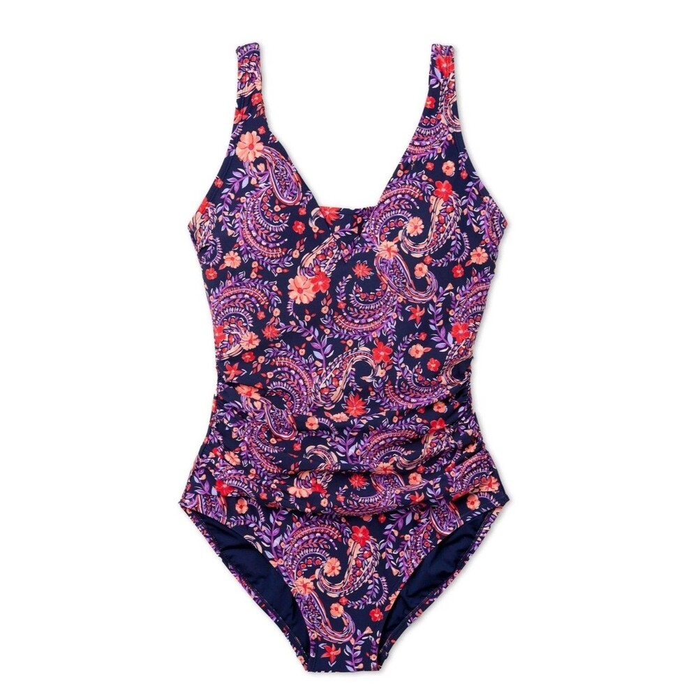 Lands’ End Slimming Grecian Swim Suit 1-piece Women's XS Swimsuit Purple Paisley